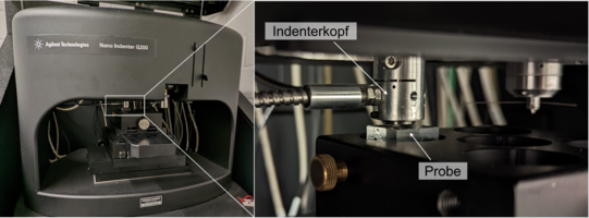 Nanoindenter mit Detailansicht auf dem Indenterkopf und einer Probe