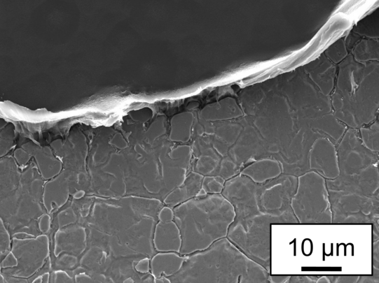 Makroskopische und rasterelektronenmikroskopische Aufnahme der Kunststoffüberreste einer lasergefügten AISI 304 – PA6.6 Bruchfläche 